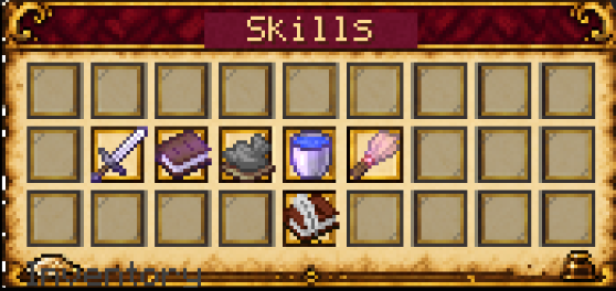 The /skills menu, one icon per skill
